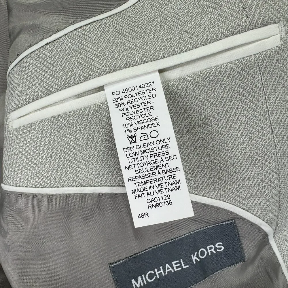 Michael Kors Mens Classic Fit Stretch Herringbone Sport Coat Silver Gray 48R